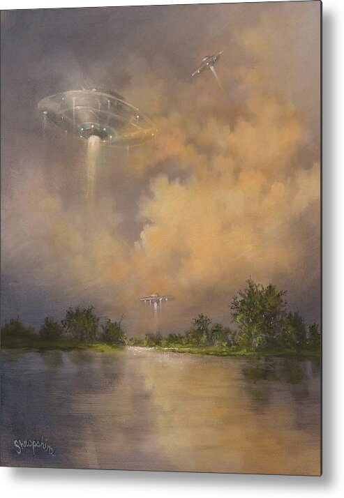 Ufo Metal Print featuring the painting UFOs Above the Lake by Tom Shropshire