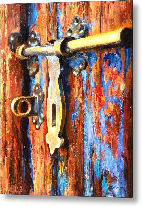 Weathered Door Metal Print featuring the painting Unlocked by Denise H Cooperman