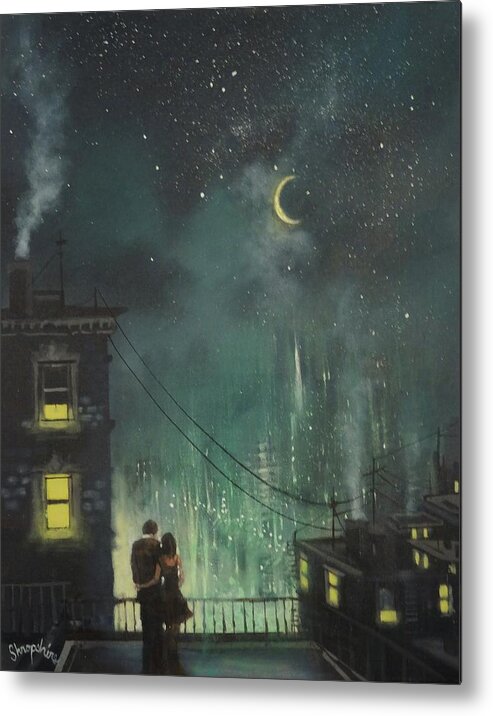 Up On The Roof; The Drifters; City Roof; Night City; Moon And Stars; Tom Shropshire Painting; City Lights; Crescent Moon; Couple On The Roof; Urban Landscape; Romance Metal Print featuring the painting Up On The Roof by Tom Shropshire