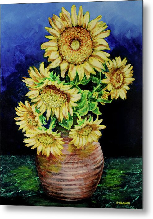 Flowers Metal Print featuring the painting Vase of Sunflowers by Karl Wagner