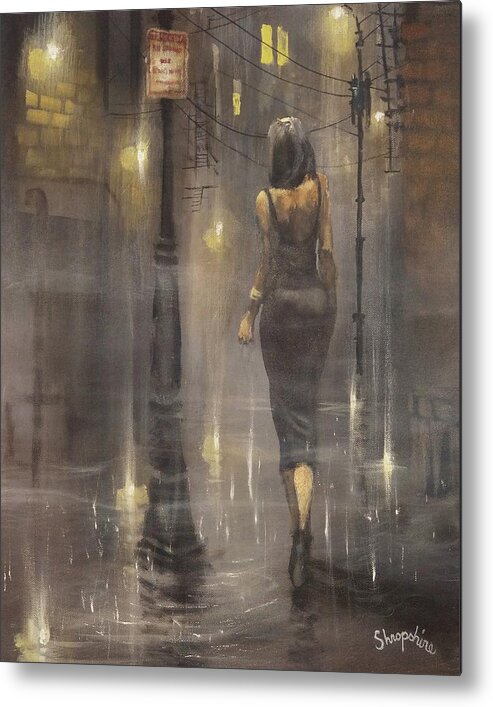 Patsy Cline; Woman In Black Dress; Foggy Alley; Night City Scene; City Rain; Tom Shropshire Painting; Figure Art Metal Print featuring the painting Walking After Midnight by Tom Shropshire