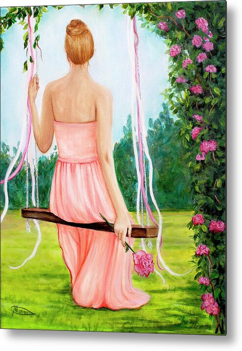 Woman In Garden Metal Print featuring the painting A Rose in Your Garden by Jeanette Sthamann