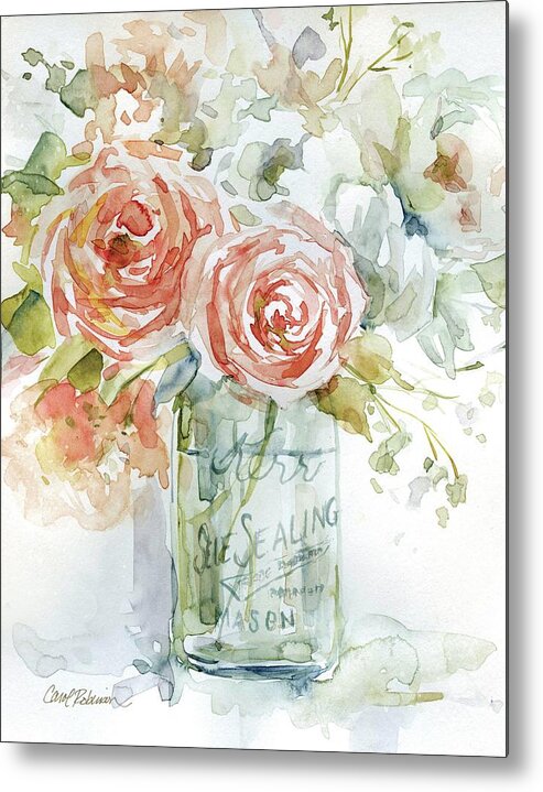 Coral Green Mason Jar Floral Watercolor Bouquet Metal Print featuring the painting Cabbage Roses 2 by Carol Robinson