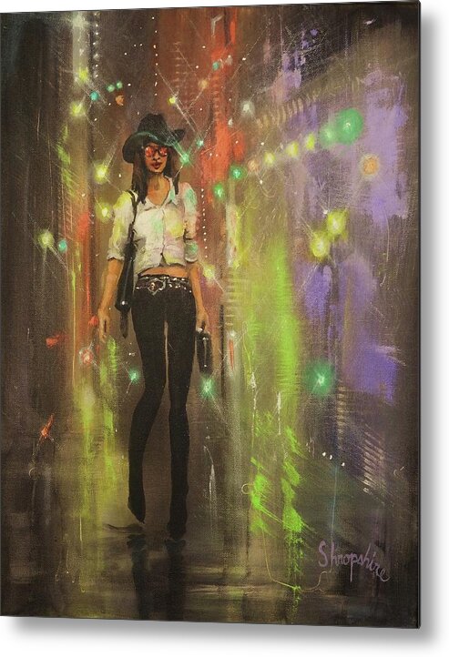 City At Night Metal Print featuring the painting Urban Cowgirl by Tom Shropshire