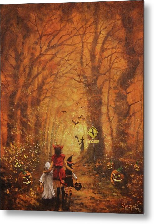 Halloween Metal Print featuring the painting Witch Crossing Ahead by Tom Shropshire