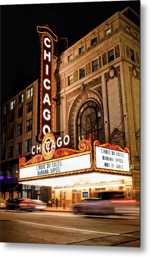 Chicago Metal Print featuring the painting Chicago Theatre Marquee Sign at Night by Christopher Arndt