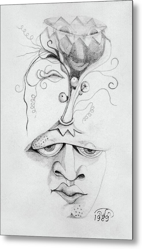 Meditation Metal Print featuring the drawing Meditation on the crown chakra or where is your mind going surrealistic fantasy of face with energy by Rachel Hershkovitz