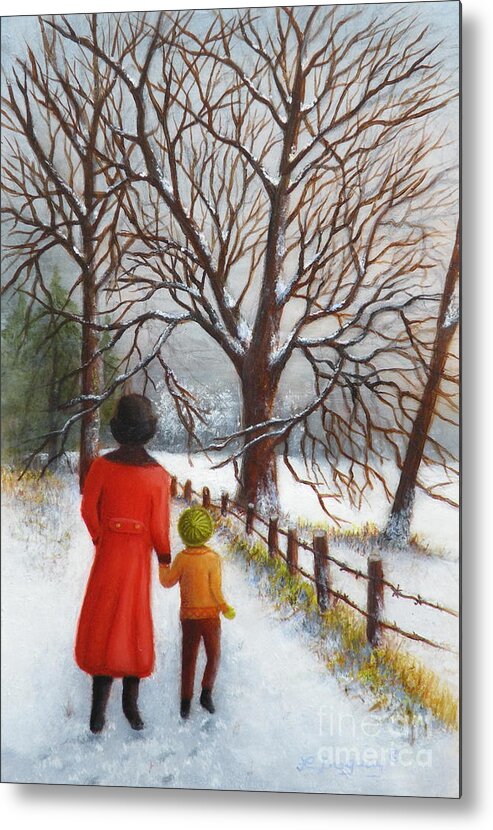 Winterscape Metal Print featuring the painting On a Wintry Walk with Gran by Lora Duguay