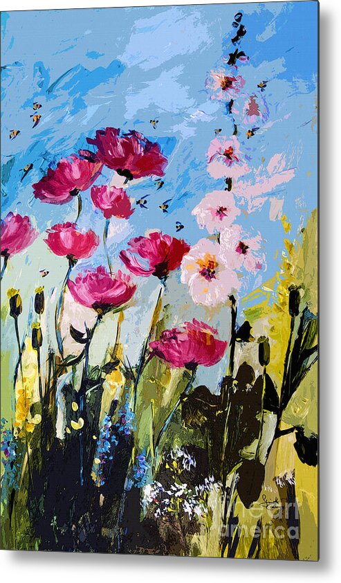 Abstract Metal Print featuring the painting Pink Poppies Hollyhock and Bees by Ginette Callaway