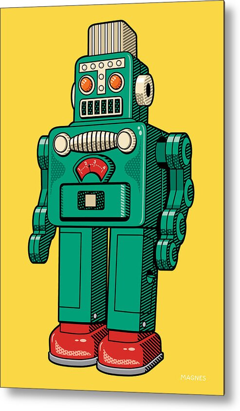 Illustration Metal Print featuring the digital art Green Robot Black Line by Ron Magnes