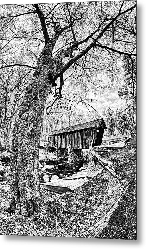 North Carolina Metal Print featuring the photograph Pisgah Covered Bridge in North Carolina BW by Dan Carmichael