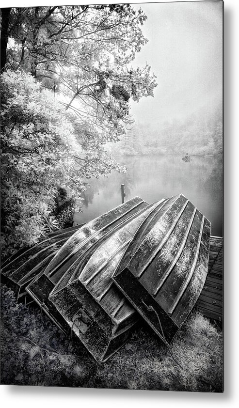Blue Ridge Parkway Metal Print featuring the photograph Row Boats on Blue Ridge Parkway Price Lake BW by Dan Carmichael