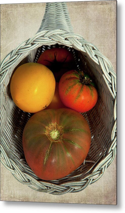 Tomatoes Metal Print featuring the photograph Tomatoes in a Horn of Plenty Basket 2 by Dan Carmichael