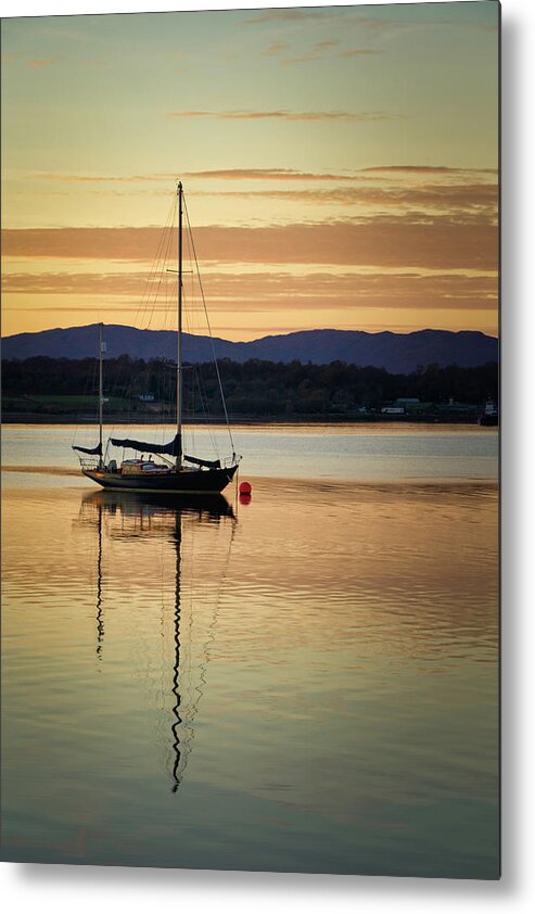 Blue Metal Print featuring the photograph Boat On A Lake at Sunset by Rick Deacon
