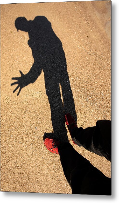 Silhouette #shadow Photography #artwork Style #shadow And Light #sandy Beach#red Shoes#jurmala Beach Metal Print featuring the photograph Red Shoes /Jurmala by Aleksandrs Drozdovs