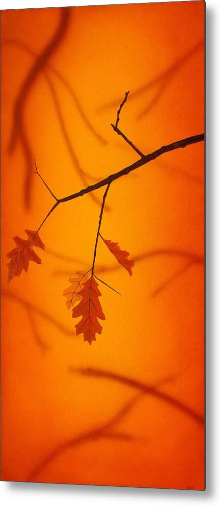 Nature Oak Leaf Branch Orange Red Russet Tree Glow Depth Calm Serene Forest Metal Print featuring the painting Autumn by Guy Pettingell