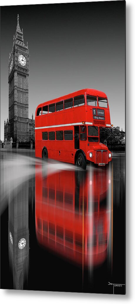 Red Bus Metal Print featuring the digital art London Red Bus Big Ben Reflection by Joe Tamassy