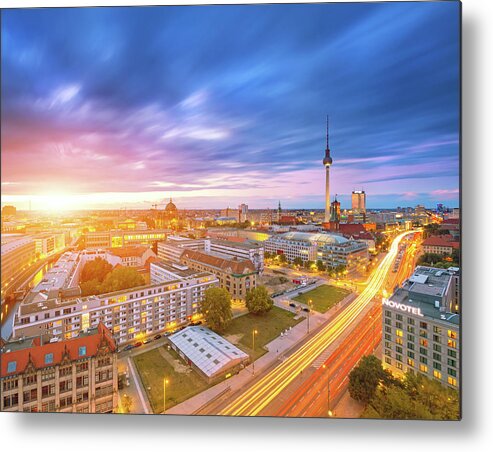 Berlin Metal Print featuring the photograph Berlin Skyline Cityscape With Traffic #1 by Matthias Makarinus