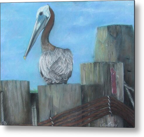 Pastel Metal Print featuring the pastel Pelican at Hatteras Ferry by Cathy Lindsey