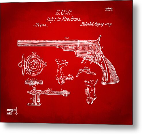 Colt Metal Print featuring the digital art 1839 Colt Fire Arm Patent Artwork Red by Nikki Marie Smith