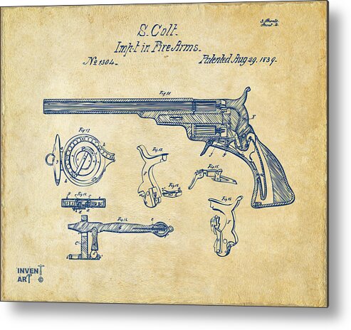 Colt Metal Print featuring the digital art 1839 Colt Fire Arm Patent Artwork Vintage by Nikki Marie Smith