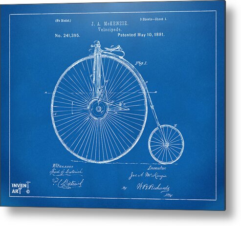 Velocipede Metal Print featuring the digital art 1881 Velocipede Bicycle Patent Artwork - Blueprint by Nikki Marie Smith