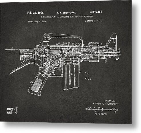 M-16 Metal Print featuring the digital art 1966 M-16 Gun Patent Gray by Nikki Marie Smith