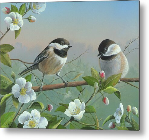 Black Capped Chickadee Painting Metal Print featuring the painting A Wonderful Day by Mike Brown