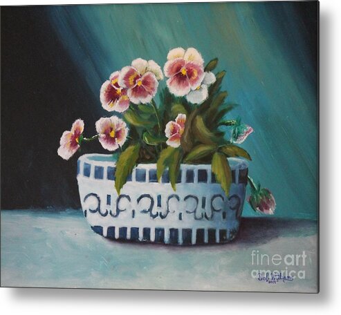 Pansies Metal Print featuring the painting A Blue Bowl Of Pansies by Bob Williams