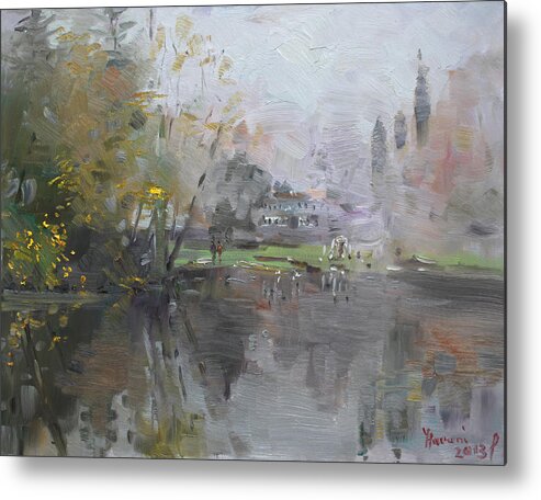 Foggy Metal Print featuring the painting A Foggy Fall Day by the Pond by Ylli Haruni