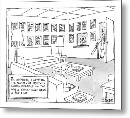 Waiting Rooms Metal Print featuring the drawing A Man Is Seen Sitting In A Waiting Room Covered by Jack Ziegler