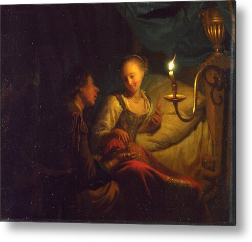 Godfried Schalcken Metal Print featuring the painting A Man Offering Gold and Coins to a Girl by Godfried Schalcken