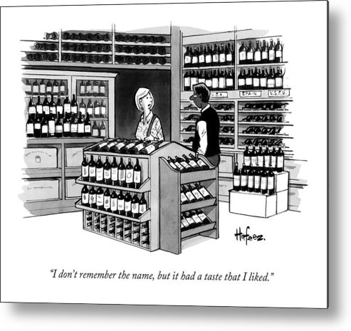 Wine Metal Print featuring the drawing A Man Talking To An Employe At A Wine Store by Kaamran Hafeez