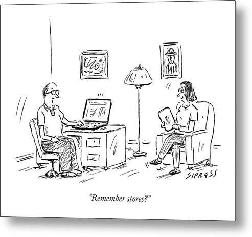 Amazon Metal Print featuring the drawing A Man Using A Computer Speaks To A Woman Who by David Sipress