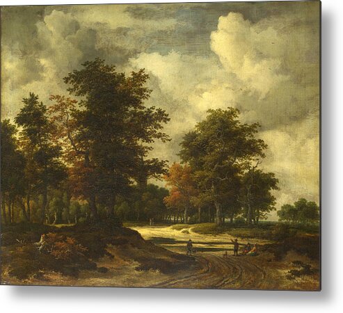 Jacob Isaacksz Van Ruisdael Metal Print featuring the painting A Road leading into a Wood by Jacob Isaacksz van Ruisdael
