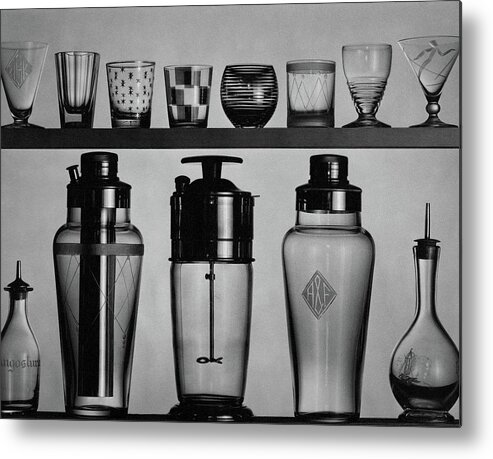 Accessories Metal Print featuring the photograph A Row Of Glasses On A Shelf by The 3