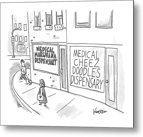Medical Marijuana Dispensary Metal Print featuring the drawing A Storefront Medical Marijuana Dispensary by Ken Krimstein