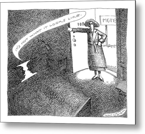 Love Affairs Metal Print featuring the drawing A Woman Enters A Motel Room And Confronts by John O'Brien