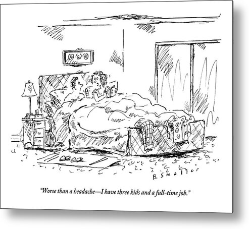 Husband Metal Print featuring the drawing A Woman Speaks To Her Husband In Bed As She Reads by Barbara Smaller