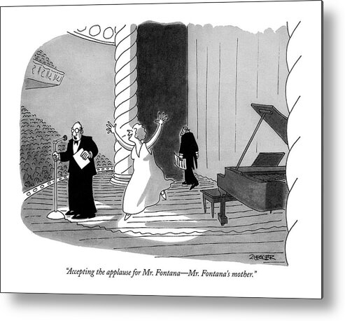 
 (announcer On Stage As Woman Dances Toward Microphone. ) Music Metal Print featuring the drawing Accepting The Applause For Mr. Fontana - Mr by Jack Ziegler