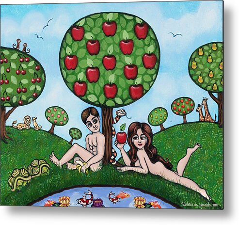 Adam And Eve Metal Print featuring the painting Adam and Eve The Naked Truth by Victoria De Almeida
