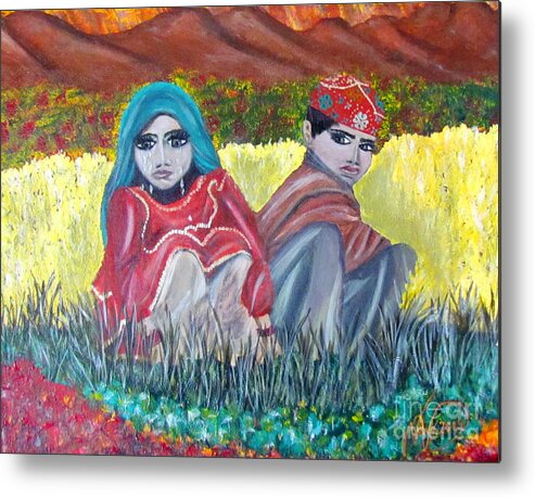 Kids Metal Print featuring the painting Afghan kids by Veronica V Jackson
