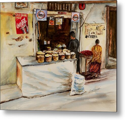 Duka African Store Metal Print featuring the painting African Corner Store by Sher Nasser Artist
