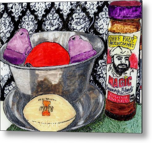 Peeps Metal Print featuring the painting An Apple Purple Peeps and Paul Prudhomme by Phil Strang