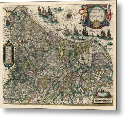 Belgium Metal Print featuring the drawing Antique Map of Belgium and the Netherlands by Willem Janszoon Blaeu - 1647 by Blue Monocle