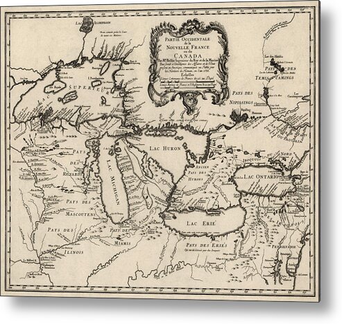 Great Lakes Metal Print featuring the drawing Antique Map of the Great Lakes by Jacques Nicolas Bellin - 1755 by Blue Monocle