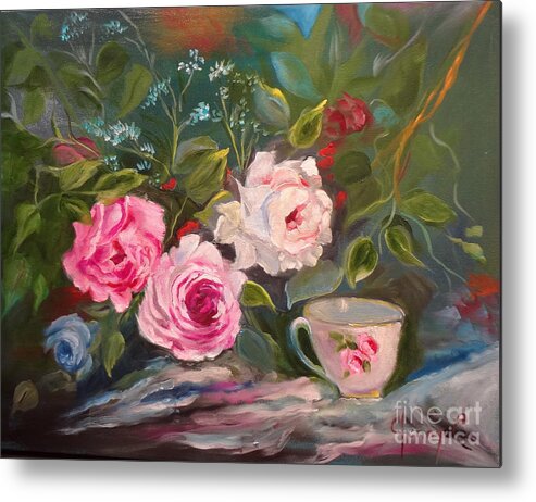 Teacup And Roses Canvas Print Metal Print featuring the painting Anyone for Tea? by Jenny Lee