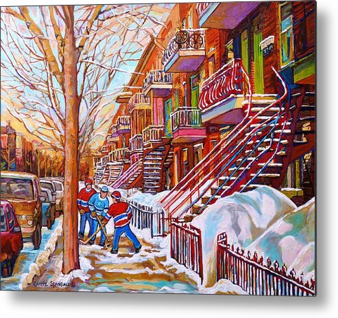 Montreal Metal Print featuring the painting Art Of Montreal Staircases In Winter Street Hockey Game City Streetscenes By Carole Spandau by Carole Spandau