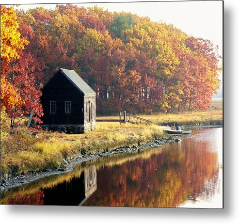 Autumn Landscape Metal Print featuring the photograph Autumn Boathouse by Elaine Franklin