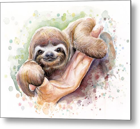 Sloth Metal Print featuring the painting Baby Sloth Watercolor by Olga Shvartsur